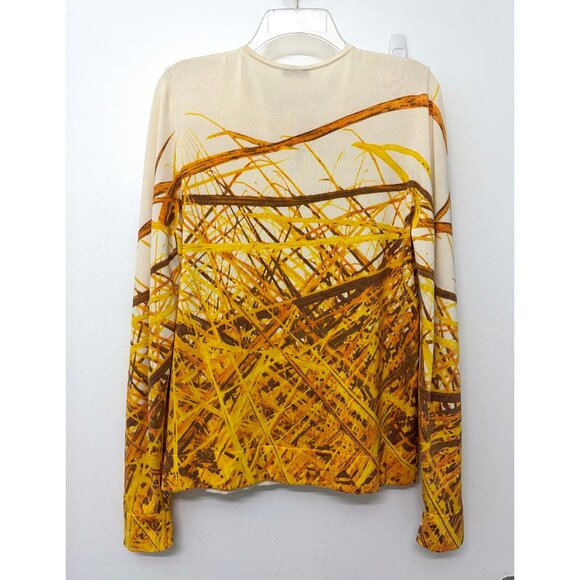 Akris Grass Print Silk Cardigan Sweater Yellow Straw Hay Stripe Button Down 10 - Picture 9 of 16